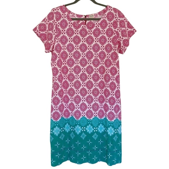 Hatley, Nellie, Cotton Short Sleeve Geometric Dress, Fuchsia Compass, Pink, Teal - Picture 2 of 7